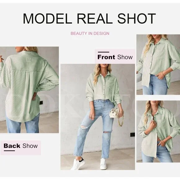 Womens Tops Trendy V Neck Long Sleeve Button Down Shirts Casual Blouses Top